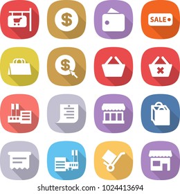 flat vector icon set - shop signboard vector, dollar, wallet, sale, shopping bag, arrow, basket, delete cart, store, list, market, atm receipt, mall, trolley