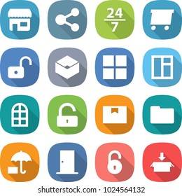 flat vector icon set - shop vector, share, 24 7, delivery, unlock, box, window, arch, package, documents, insurance, door