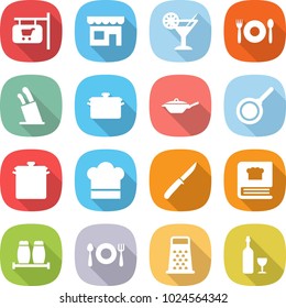 flat vector icon set - shop signboard vector, cocktail, cafe, stands for knives, pan, cook hat, knife, cooking book, salt pepper, fork spoon plate, grater, wine