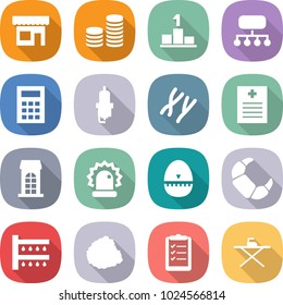 flat vector icon set - shop vector, coin stack, pedestal, structure, calculator, spark plug, chromosomes, recipe, building, alarm, egg timer, croissant, watering, pile of garbage, clipboard list