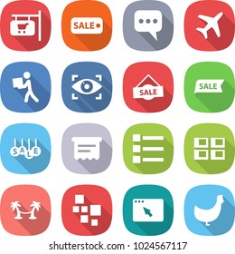 flat vector icon set - shop signboard vector, sale, message, plane, courier, eye identity, atm receipt, list, panel house, palm hammock, blocks, browser window, chicken