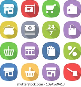 flat vector icon set - shop vector, signboard, cart, wallet, purse, money, 24 7, shopping bag, basket, market, percent, turk