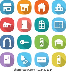 flat vector icon set - shop vector, home, mansion, house with garage, door, arch window, plan, key, do not distrub, fridge, bell, welcome mat