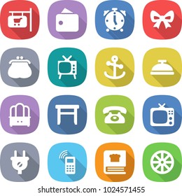 flat vector icon set - shop signboard vector, wallet, alarm clock, bow, purse, tv, anchor, service bell, dresser, stool, phone, plug, mobile, cooking book, wheel