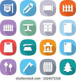 flat vector icon set - shop signboard vector, pencil, fence, table, nightstand, cutting board, fireplace, trees, axe, barrel, spruce