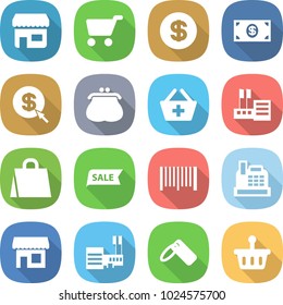 flat vector icon set - shop vector, cart, dollar, money, arrow, purse, add to basket, store, shopping bag, sale, bar code, cashbox, mall, label