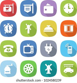 flat vector icon set - shop signboard vector, wallet, clock, alarm, windmill, service bell, wardrobe, phone, tv, plug, mobile, hand mill, wheel, car wash