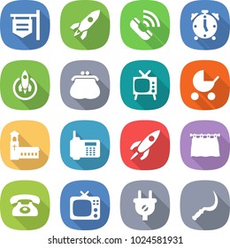 flat vector icon set - shop signboard vector, rocket, call, alarm clock, purse, tv, baby stroller, church, phone, curtain, plug, sickle