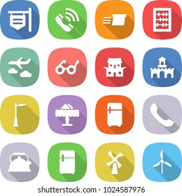 flat vector icon set - shop signboard vector, call, delivery, abacus, journey, pacemaker, japanese house, fort, outdoor light, restaurant, fridge, phone, kettle, windmill