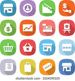 flat vector icon set - shop vector, target audience, crisis, investment, money bag, statistics, cashbox, presentation, basket, delete cart, market, shopping list, sale label