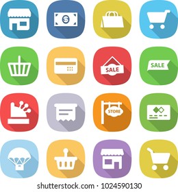 flat vector icon set - shop vector, money, shopping bag, cart, basket, credit card, sale, cashbox, atm receipt, store signboard, parachute delivery