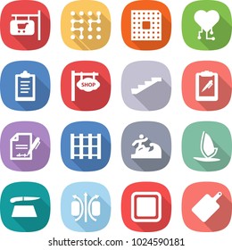 flat vector icon set - shop signboard vector, chip, cpu, cardio, clipboard, stairs, pen, inventory, pallet, surfer, windsurfing, cutting board, magnetic field
