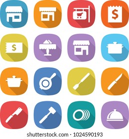 flat vector icon set - shop vector, signboard, receipt, restaurant, pan, spatula, knife, chef, meat hammer, plates, meal cap