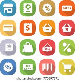 flat vector icon set - shop vector, annual report, percent, sale, credit card, receipt, remove from basket, delete cart, shopping list, bag, bar code