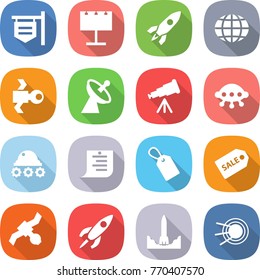 flat vector icon set - shop signboard vector, billboard, rocket, globe, satellite, antenna, telescope, ufo, lunar rover, shopping list, label, sale, start