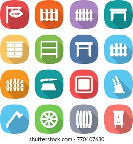 flat vector icon set - shop signboard vector, fence, table, chest of drawers, rack, stool, cutting board, knife holder, axe, wheel, barrel, hive