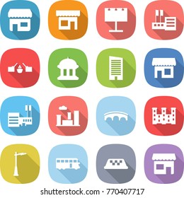 flat vector icon set - shop vector, billboard, store, drawbridge, goverment house, skyscraper, mall, city, bridge, palace, outdoor light, bus, taxi