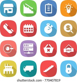 flat vector icon set - shop vector, crisis, clipboard, bulb, phone, calendar, stopwatch, dollar arrow, cell corection, server, delete cart, sale, factory, shipping, stairs, lock