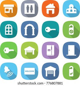 flat vector icon set - shop vector, wc, home, mansion, arch window, key, do not distrub, garage, fridge, door, bell, welcome mat, please clean