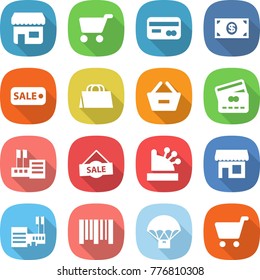 flat vector icon set - shop vector, cart, card, money, sale, shopping bag, remove from basket, credit, store, cashbox, mall, bar code, parachute delivery
