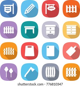 flat vector icon set - shop signboard vector, pencil, fence, table, nightstand, chest of drawers, cutting board, trees, axe, barrel
