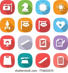flat vector icon set - shop signboard vector, chess horse, chip, hoverboard, store, pacemaker, presentation, stairs, clipboard pen, inventory, cutting board, list