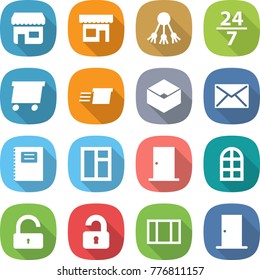 flat vector icon set - shop vector, share, 24 7, delivery, box, mail, copybook, window, door, arch, unlock, unlocked