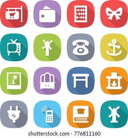 flat vector icon set - shop signboard vector, wallet, abacus, bow, tv, windmill, phone, anchor, photo, dresser, stool, fireplace, plug, mobile, cooking book