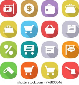 flat vector icon set - shop signboard vector, dollar, wallet, purse, shopping bag, cart, basket, list, percent, delivery, atm receipt, store, label, turk