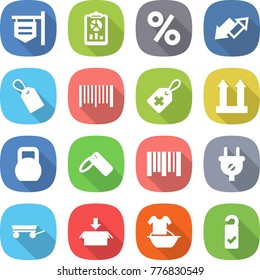 flat vector icon set - shop signboard vector, report, percent, up down arrow, label, bar code, medical, cargo top sign, heavy, plug, trailer, package, handle washing, please clean