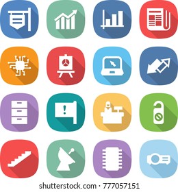 flat vector icon set - shop signboard vector, diagram, graph, newspaper, chip, presentation, notebook, up down arrow, archive, important flag, reception, do not distrub, stairs, satellite antenna