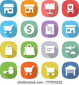 flat vector icon set - shop vector, billboard, presentation, cart, dollar coin, account balance, shopping bag, atm receipt, journey, port, garage