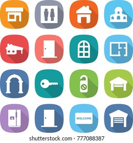 flat vector icon set - shop vector, wc, home, mansion, house with garage, door, arch window, plan, key, do not distrub, fridge, welcome mat