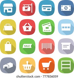 flat vector icon set - shop vector, signboard, card, money, shopping bag, delete cart, credit, market, sale, bar code, atm receipt, warehouse, basket, rack