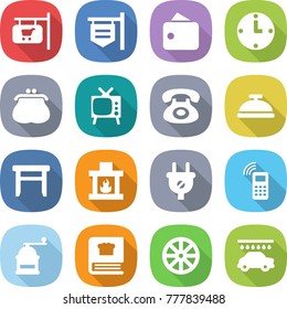 flat vector icon set - shop signboard vector, wallet, clock, purse, tv, phone, service bell, stool, fireplace, plug, mobile, hand mill, cooking book, wheel, car wash