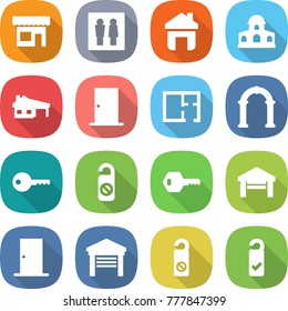 flat vector icon set - shop vector, wc, home, mansion, house with garage, door, plan, arch, key, do not distrub, please clean