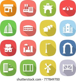 flat vector icon set - shop vector, store, arch, drawbridge, skyscraper, airport building, houses, japanese house, city, outdoor light, hotel, window, windmill, farm fence