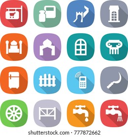 flat vector icon set - shop signboard vector, scales weight, greate wall, building, minaret, arch window, antique column, fridge, fence, mobile phone, sickle, wheel, farm, water tap