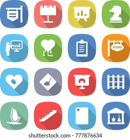 flat vector icon set - shop signboard vector, billboard, presentation, chess horse, cardio chip, clipboard, store, pacemaker, under construction, pallet, windsurfing, stairs, cutting board