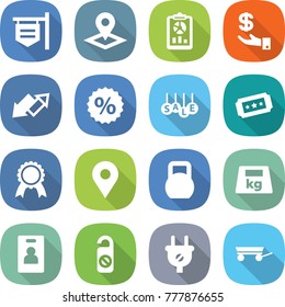 flat vector icon set - shop signboard vector, pointer, report, investment, up down arrow, percent, sale, ticket, medal, geo pin, heavy, identity card, do not distrub, plug, trailer