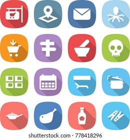 flat vector icon set - shop signboard vector, pointer, mail, virus, add to cart, singlepost, mortar, skull, panel house, calendar, lounger, steam pan, chicken leg, ketchup, clothespin