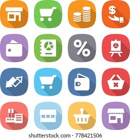 flat vector icon set - shop vector, cart, coin stack, investment, wallet, annual report, percent, presentation, up down arrow, delete, store, market, basket