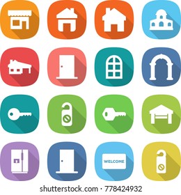 flat vector icon set - shop vector, home, mansion, house with garage, door, arch window, key, do not distrub, fridge, welcome mat