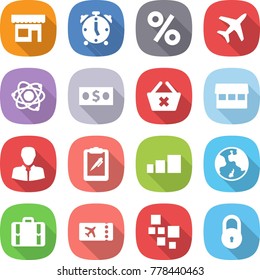 flat vector icon set - shop vector, alarm clock, percent, plane, atom, money, delete cart, market, client, clipboard pen, sorting, earth, suitcase, ticket, blocks, lock