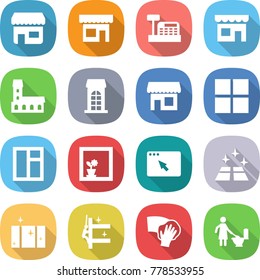 flat vector icon set - shop vector, cashbox, mansion, building, window, flower in, browser, clean floor, skyscrapers cleaning, wiping, toilet