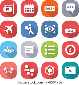 flat vector icon set - shop signboard vector, calendar, sale, message, plane, courier, eye identity, atm receipt, list, info, palm hammock, blocks, 3d, browser window