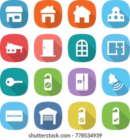 flat vector icon set - shop vector, home, mansion, house with garage, door, arch window, plan, key, do not distrub, fridge, bell, welcome mat, please clean