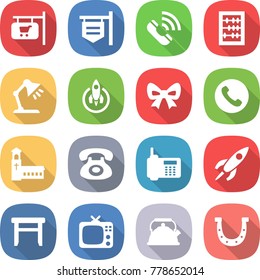 flat vector icon set - shop signboard vector, call, abacus, table lamp, rocket, bow, phone, church, stool, tv, kettle, horseshoe