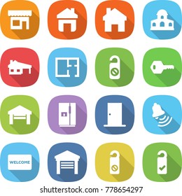flat vector icon set - shop vector, home, mansion, house with garage, plan, do not distrub, key, fridge, door, bell, welcome mat, please clean