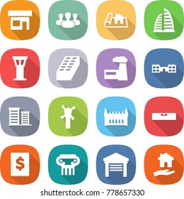 flat vector icon set - shop vector, group, project, skyscraper, airport tower, brick, factory, school, district, windmill, gothic architecture, level, tax, antique column, garage, housing